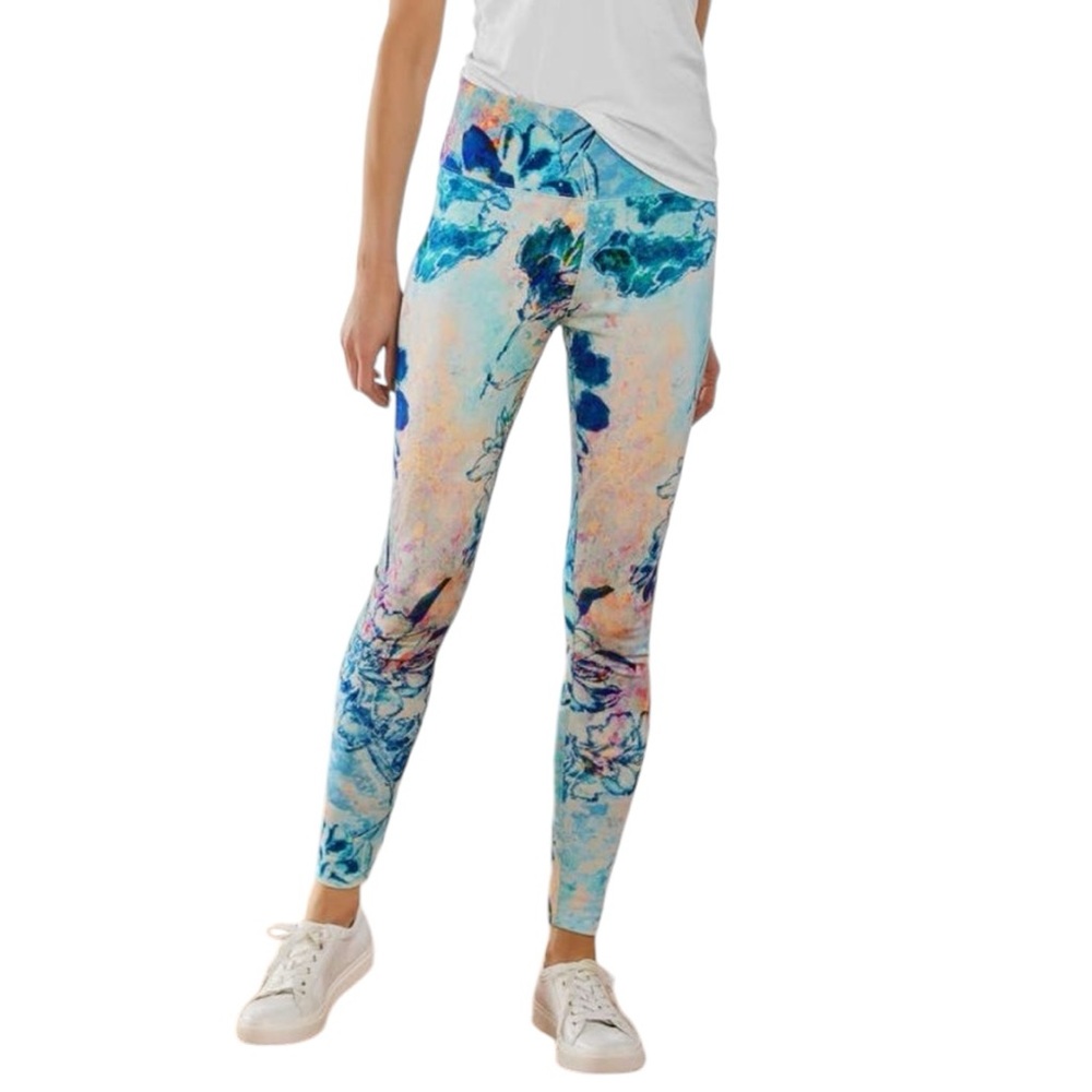 SOFT SURRONDINGS womens leggings Blue Floral Superslim Myriad High Rise Knit EUC